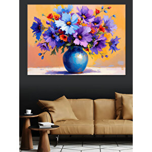 Mavi Vazoda Çiçekler Dekoratif Kanvas - Mdf Ahşap Tablo 70x100 cm