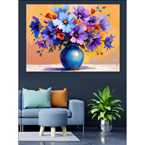Mavi Vazoda Çiçekler Dekoratif Kanvas - Mdf Ahşap Tablo 70x100 cm
