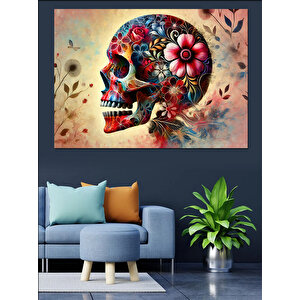 Çiçekli Renkli Kafatası Dekoratif Kanvas - Mdf Ahşap Tablo 70x100 cm