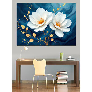 Mavi Beyaz Çiçekler Dekoratif Kanvas - Mdf Ahşap Tablo 100x140 cm