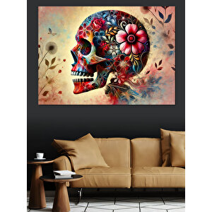 Çiçekli Renkli Kafatası Dekoratif Kanvas - Mdf Ahşap Tablo 50x70 cm