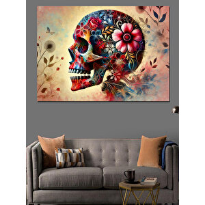 Çiçekli Renkli Kafatası Dekoratif Kanvas - Mdf Ahşap Tablo 50x70 cm