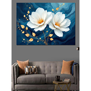 Mavi Beyaz Çiçekler Dekoratif Kanvas - Mdf Ahşap Tablo 50x70 cm