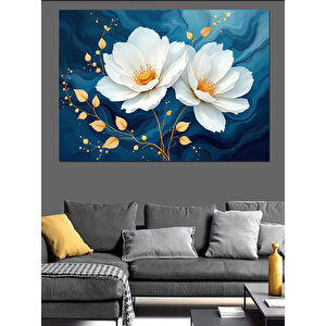 Mavi Beyaz Çiçekler Dekoratif Kanvas - Mdf Ahşap Tablo 50x70 cm