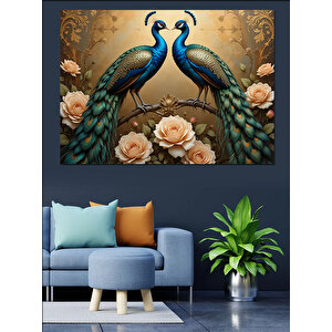 Çiçekli Tavuskuşu İkilisi Dekoratif Kanvas - Mdf Ahşap Tablo 70x100 cm