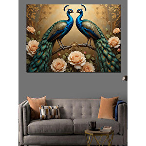 Çiçekli Tavuskuşu İkilisi Dekoratif Kanvas - Mdf Ahşap Tablo 100x140 cm