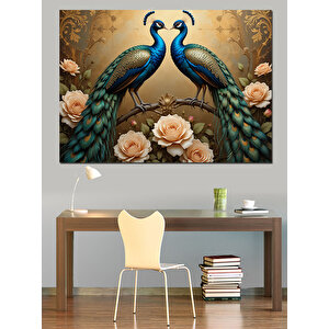 Çiçekli Tavuskuşu İkilisi Dekoratif Kanvas - Mdf Ahşap Tablo 100x140 cm