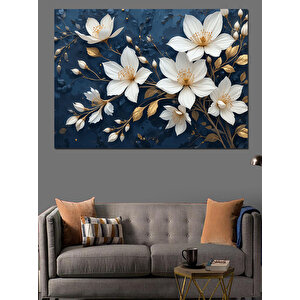Beyaz Çiçekler Lacivert Zemin Dekoratif Kanvas - Mdf Ahşap Tablo 70x100 cm