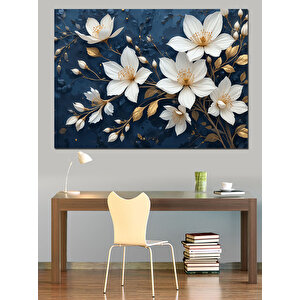 Beyaz Çiçekler Lacivert Zemin Dekoratif Kanvas - Mdf Ahşap Tablo 70x100 cm