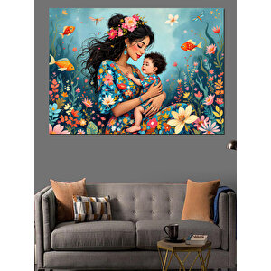 Çiçeklerle Süslenmiş Anne Ve Kızı Dekoratif Kanvas - Mdf Ahşap Tablo 70x100 cm