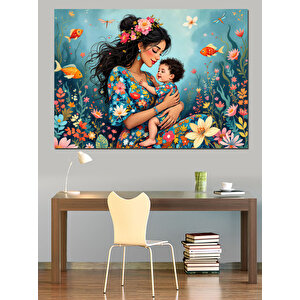 Çiçeklerle Süslenmiş Anne Ve Kızı Dekoratif Kanvas - Mdf Ahşap Tablo 70x100 cm