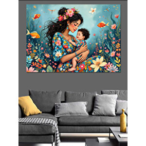 Çiçeklerle Süslenmiş Anne Ve Kızı Dekoratif Kanvas - Mdf Ahşap Tablo 70x100 cm