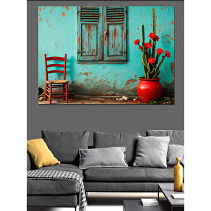 Turkuaz Duvar Ve Çiçekler Dekoratif Kanvas - Mdf Ahşap Tablo 70x100 cm