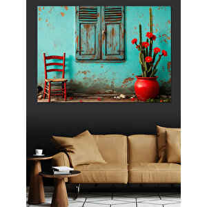 Turkuaz Duvar Ve Çiçekler Dekoratif Kanvas - Mdf Ahşap Tablo 70x100 cm