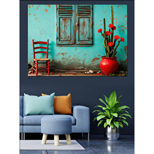 Turkuaz Duvar Ve Çiçekler Dekoratif Kanvas - Mdf Ahşap Tablo 70x100 cm