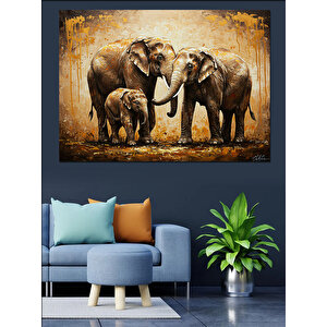 Aile Halinde Yürüyen Filler Dekoratif Kanvas - Mdf Ahşap Tablo 50x70 cm