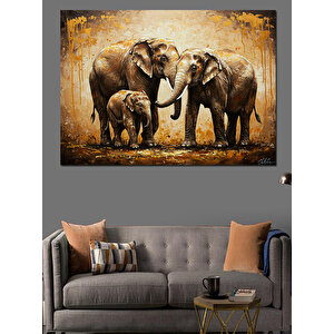 Aile Halinde Yürüyen Filler Dekoratif Kanvas - Mdf Ahşap Tablo 50x70 cm