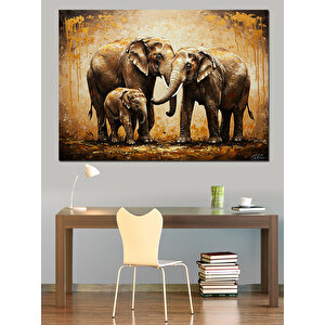 Aile Halinde Yürüyen Filler Dekoratif Kanvas - Mdf Ahşap Tablo 50x70 cm