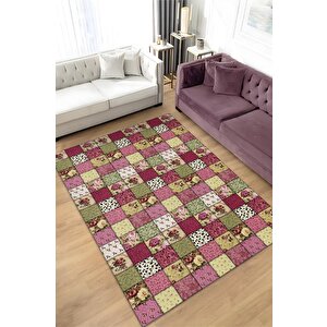 Gül Bahçesi Patchwork Geometrik Halı Renkli Kareli Oturma Odası Halısı Çiçekli Salon Halısı 160x240 cm