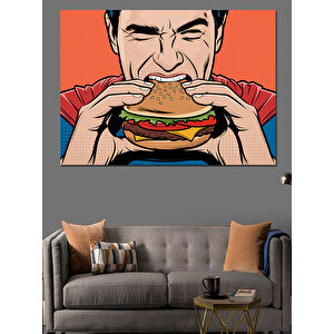 Hamburger Yiyen Çizgi Karakter Dekoratif Kanvas - Mdf Ahşap Tablo 50x70 cm