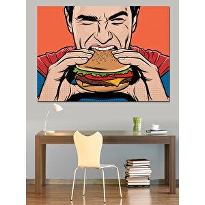 Hamburger Yiyen Çizgi Karakter Dekoratif Kanvas - Mdf Ahşap Tablo 50x70 cm
