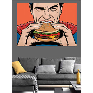 Hamburger Yiyen Çizgi Karakter Dekoratif Kanvas - Mdf Ahşap Tablo 50x70 cm