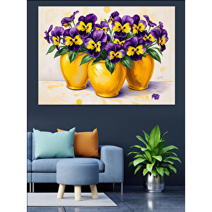 Sarı Saksıda Menekşe Çiçekleri Dekoratif Kanvas - Mdf Ahşap Tablo 70x100 cm