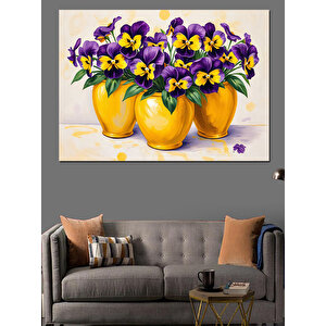 Sarı Saksıda Menekşe Çiçekleri Dekoratif Kanvas - Mdf Ahşap Tablo 70x100 cm