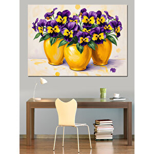 Sarı Saksıda Menekşe Çiçekleri Dekoratif Kanvas - Mdf Ahşap Tablo 70x100 cm