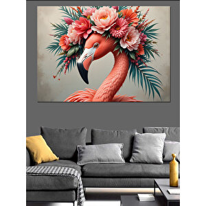 Çiçekli Başlıklı Pembe Flamingo Dekoratif Kanvas - Mdf Ahşap Tablo