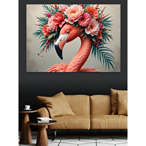 Çiçekli Başlıklı Pembe Flamingo Dekoratif Kanvas - Mdf Ahşap Tablo
