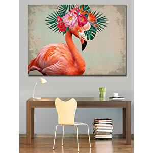 Çiçekli Flamingo Dekoratif Kanvas - Mdf Ahşap Tablo 100x140 cm