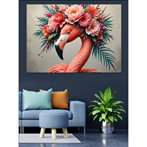 Çiçekli Başlıklı Pembe Flamingo Dekoratif Kanvas - Mdf Ahşap Tablo 50x70 cm
