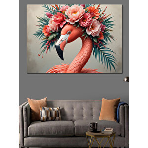 Çiçekli Başlıklı Pembe Flamingo Dekoratif Kanvas - Mdf Ahşap Tablo 50x70 cm