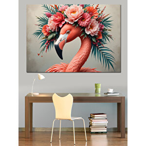 Çiçekli Başlıklı Pembe Flamingo Dekoratif Kanvas - Mdf Ahşap Tablo 50x70 cm