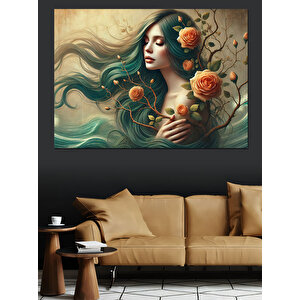 Çiçekli Kadın Doğa Teması Dekoratif Kanvas - Mdf Ahşap Tablo 70x100 cm
