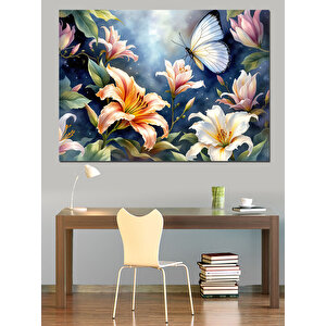 Kelebekli Çiçekler Dekoratif Kanvas - Mdf Ahşap Tablo 70x100 cm