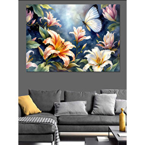 Kelebekli Çiçekler Dekoratif Kanvas - Mdf Ahşap Tablo 100x140 cm