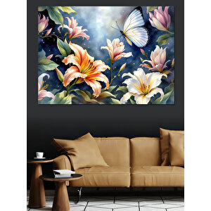Kelebekli Çiçekler Dekoratif Kanvas - Mdf Ahşap Tablo 100x140 cm