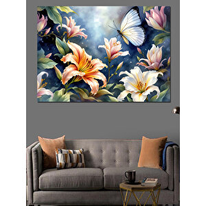 Kelebekli Çiçekler Dekoratif Kanvas - Mdf Ahşap Tablo
