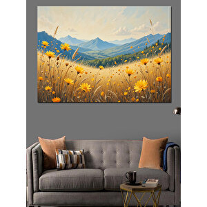 Sarı Çiçekli Dağ Manzarası Dekoratif Kanvas - Mdf Ahşap Tablo 35x50 cm