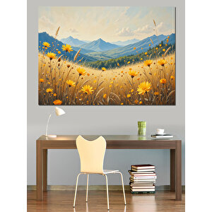 Sarı Çiçekli Dağ Manzarası Dekoratif Kanvas - Mdf Ahşap Tablo 35x50 cm