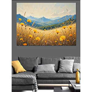 Sarı Çiçekli Dağ Manzarası Dekoratif Kanvas - Mdf Ahşap Tablo 35x50 cm