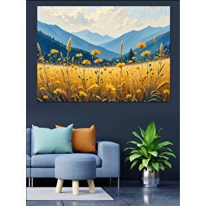 Sarı Çiçekli Dağlar Dekoratif Kanvas - Mdf Ahşap Tablo 100x140 cm