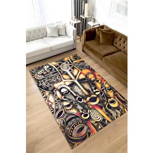 Afrika Maskeleri Minimal Salon Halısı Etnik Desenli Halı Kahve Renkli Oturma Odası Halısı 160x240 cm