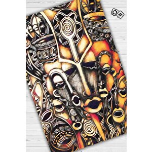 Afrika Maskeleri Minimal Salon Halısı Etnik Desenli Halı Kahve Renkli Oturma Odası Halısı 120x180 cm