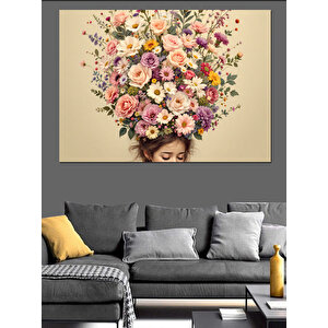 Çiçekten Saçlı Kadın Portresi Dekoratif Kanvas - Mdf Ahşap Tablo 100x140 cm