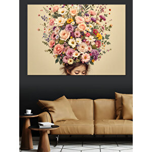 Çiçekten Saçlı Kadın Portresi Dekoratif Kanvas - Mdf Ahşap Tablo 100x140 cm