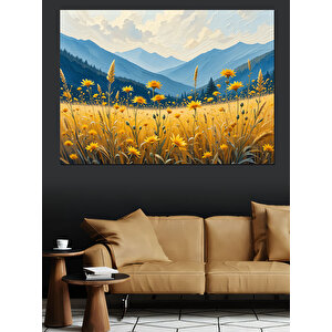 Sarı Çiçekli Dağlar Dekoratif Kanvas - Mdf Ahşap Tablo 25x35 cm
