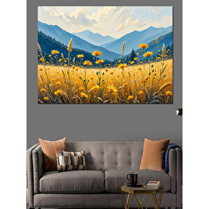 Sarı Çiçekli Dağlar Dekoratif Kanvas - Mdf Ahşap Tablo 35x50 cm